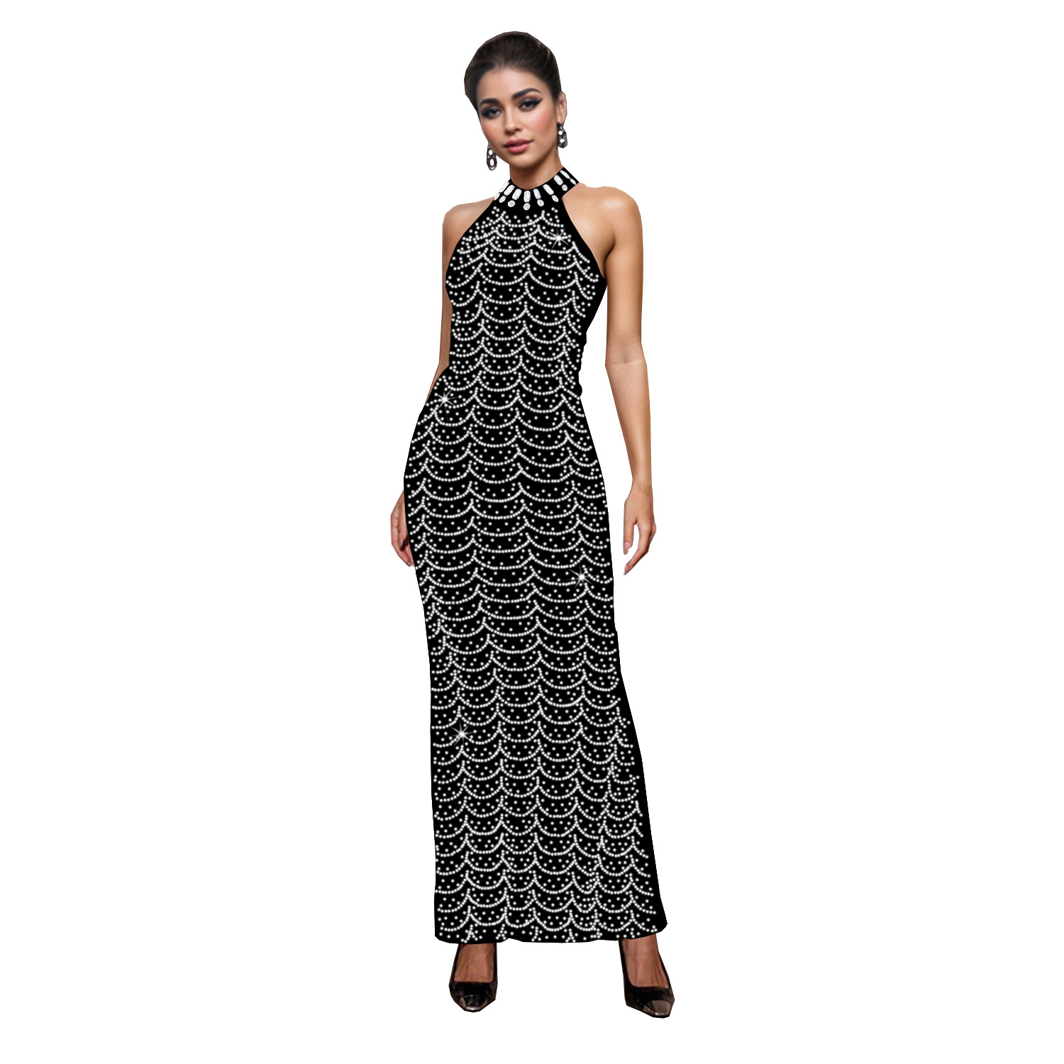 C7140 Aliexpress transfronterizo Amazon Europa y América de moda de mujer cuello elegante vestido de diamante largo delgado image 7
