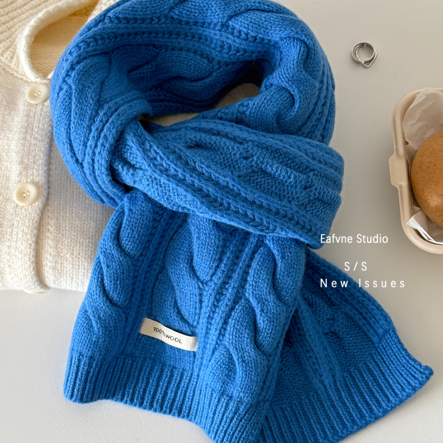 Retro knitted winter solid color keep warm scarf with pigtail