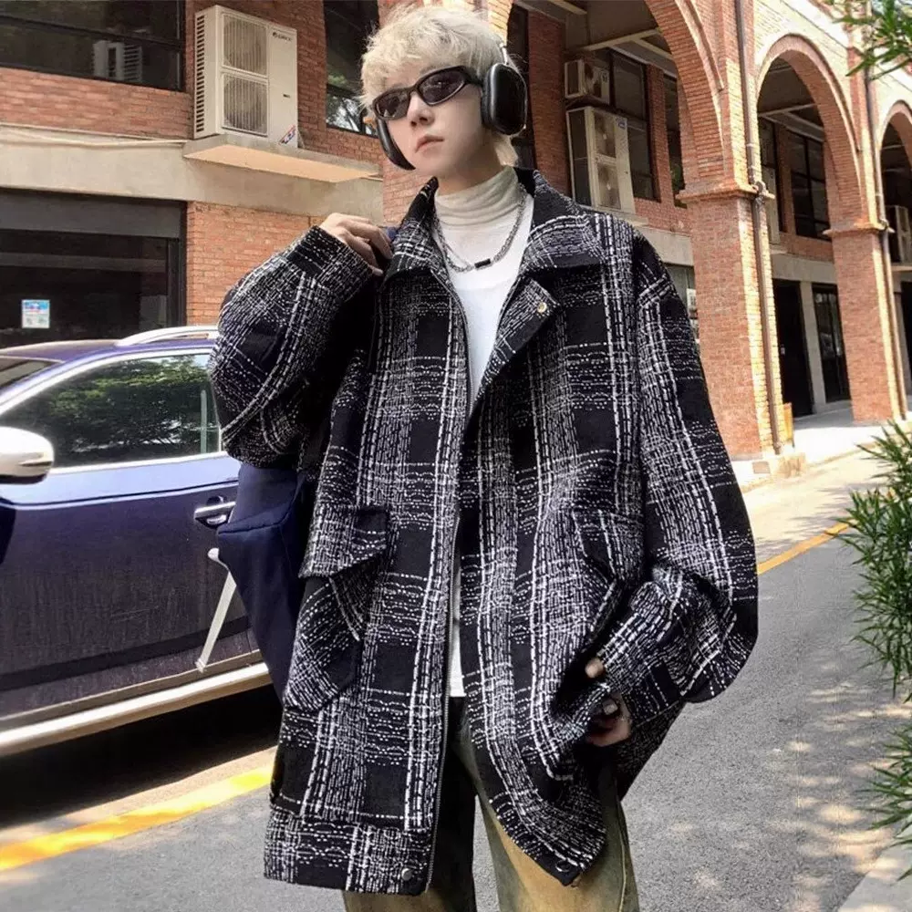 美式复古小香风格子外套男百搭宽松休闲大衣男小众设计感外套男