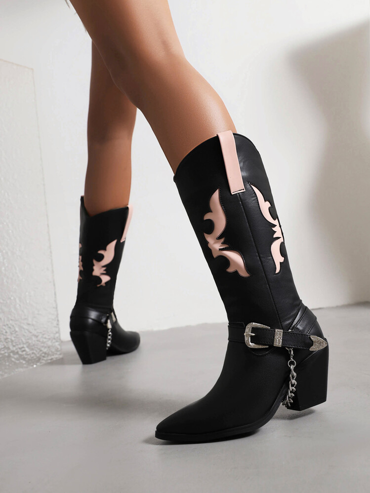 Spitz kette Western ritter stiefel frauen neue herbst und winter lange stiefel dicken absätzen high heels hohe stiefel_voghion.com