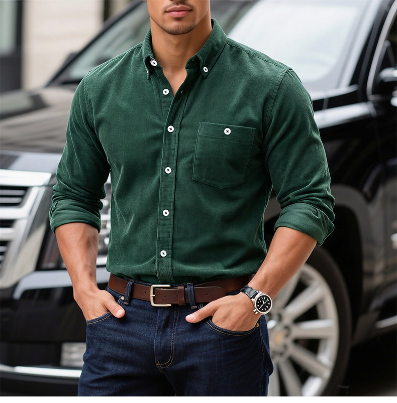 Men's Solid Color Corduroy Long-sleeve Shirt Jacket With Pockets_voghion.com