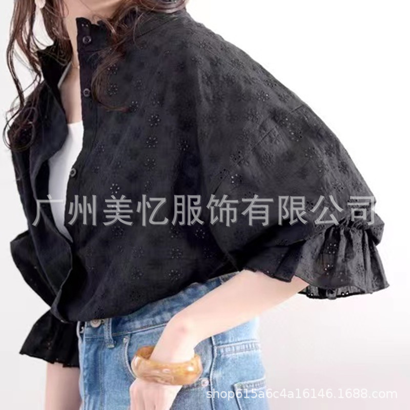 3 Colors in Stock 2025 Japanese and Korean Spring and Summer New Tops Women's Lace Stand Collar Embroidered Cut Out Pure Color Shirts