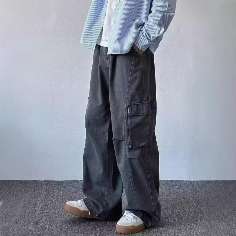 Combed Cotton Spring Thickened Work Pants for Men, Loose Casual Pants, Trendy Versatile Long Pants, Drapey Wide-Leg Floor-Length Pants