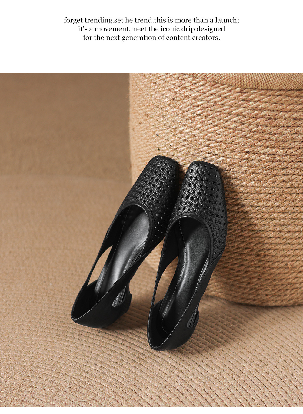 Giày sandal nữ mũi vuông gót thấp 3,5 cm da cừu đục lỗ hở mũi — đen chi tiết 21