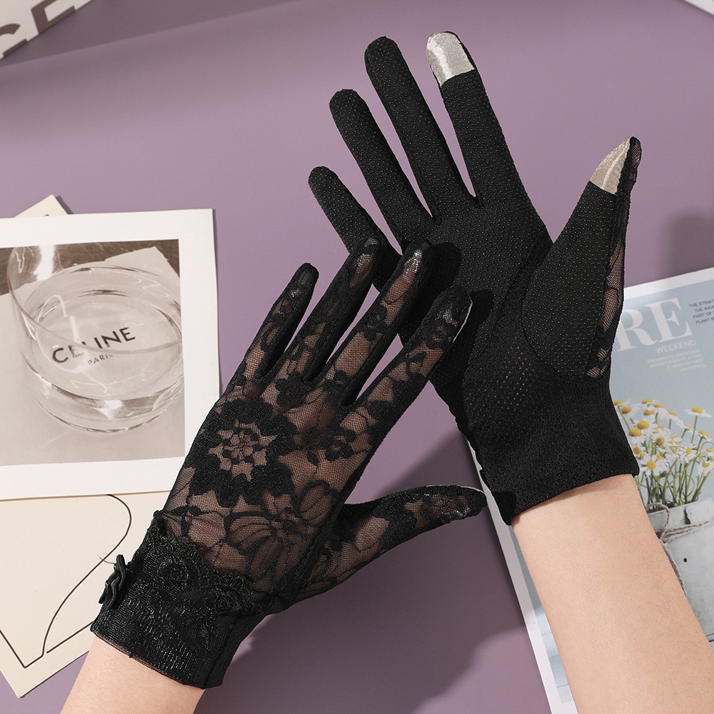 Guantes de protección solar para mujer en verano, protección UV, longitud extendida, hilo de algodón, para conducir y andar en bicicleta, pantalla táctil, antideslizantes, guantes finos de encaje