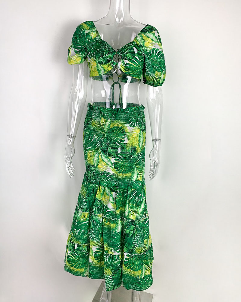 2026 New Spring Women's Clothing, Cross-Border European And American Fashion Outfit, INS Style Printed Slit Skirt Set_ecoleips.com