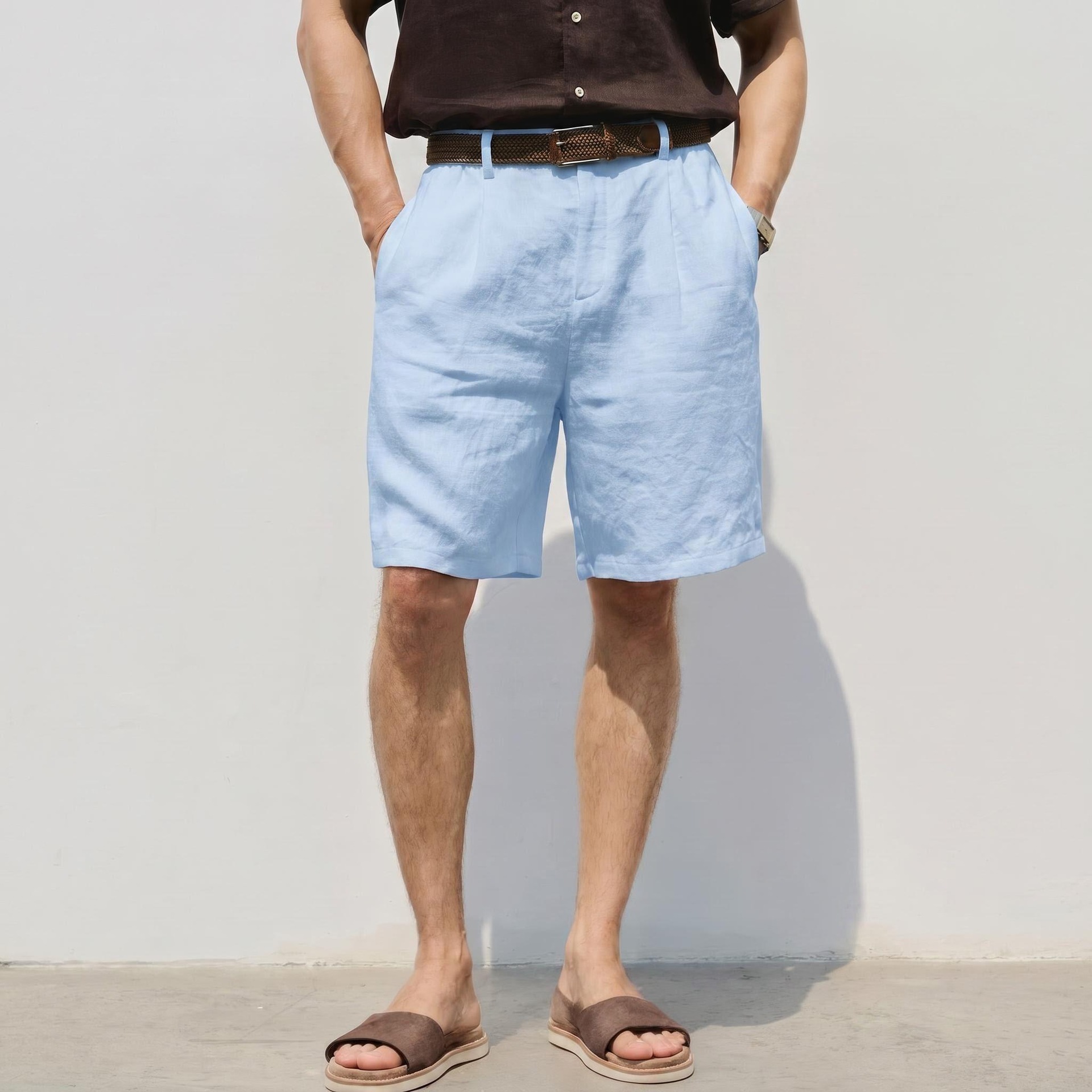 Vêtements pour hommes - Short en lin coupe ample et respirant, pantalon habillé décontracté mi-long style resort, polyvalent, en coton et lin_voghion.com