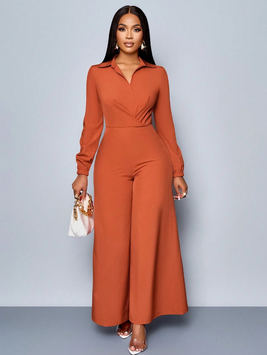 2025 otoño nuevo comercio exterior Europa y Estados Unidos ropa de mujer de color sólido manga larga collar cintura delgada piernas anchas pantalones