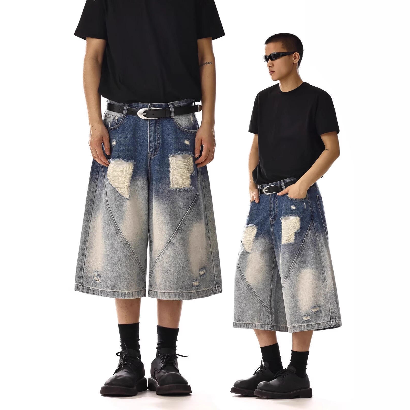 American Retro Ripped Denim Cropped Pants for Men, High Street Design, Straight Loose Drape Wide-Leg Couple Mid-Length Pants