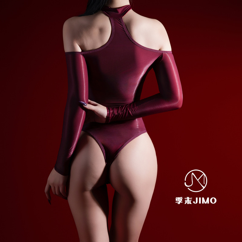 End-Of-Season Glossy Silky Long-Sleeved One-Shoulder Bodysuit Ultra-Thin Sexy Lingerie See-Through Bodysuit 9418
