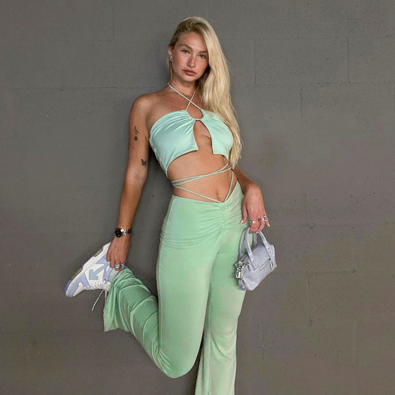 new solid color lace-up halter neck hip-wrapped set nihaostyle clothing wholesale NSSWF70122