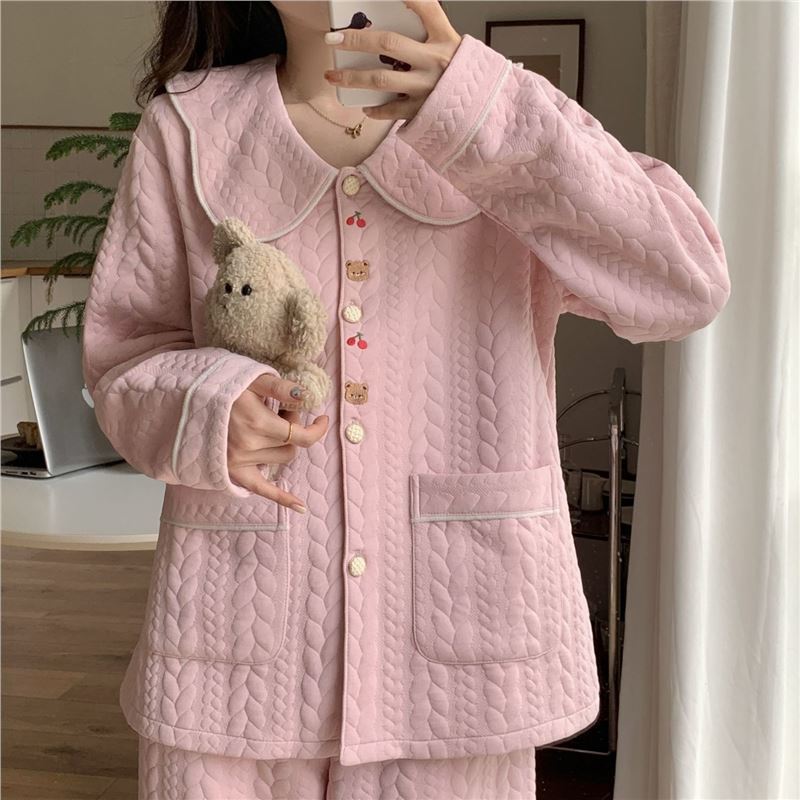 Pijamas de algodón femenino de otoño y invierno aire algodón engrosado lindo lindo manga larga calentamiento ropa de hogar pijamas de tamaño grande