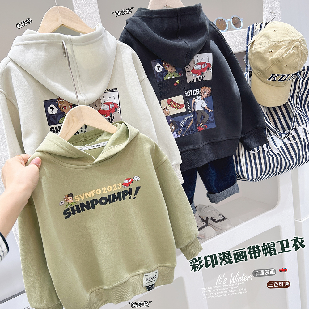 Boys' Spring 2024 Spring New Medium and Large Children's Cartoon Print Hooded Pullover Casual Clothing