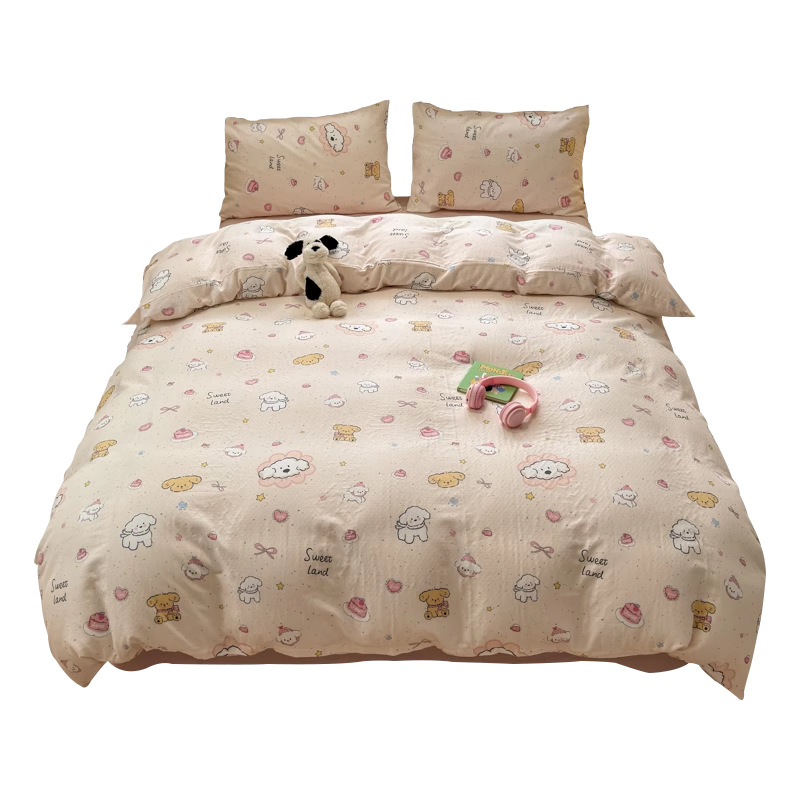 Cama de hilo de doble capa de algodón estilo ins Juego de cuatro piezas Funda de edredón de algodón puro para niños 2025 Nuevo juego de tres piezas de dormitorio de sábanas