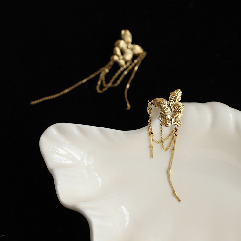 Gold Color Butterfly Tassel Stainless Steel Earrings