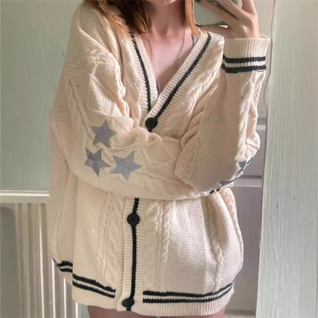 Europa y los Estados Unidos perezosos viento de punto Cardigan mujeres 2024 otoño invierno nuevos productos sueltos bordados estrellas de punto suéter chaqueta mujer image 1