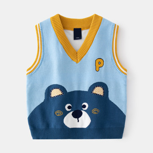 Children's Sweater Dropshipping 2025 Autum New Boys V Neck Pullover Vest Baby Bear Knitted Vest