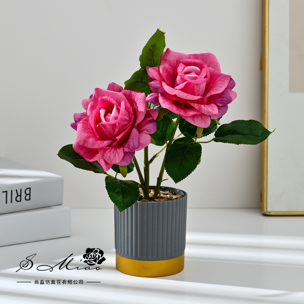 Transfronterizo dos grandes rosas bonsai moda imitación maceta flores falsas decoración del hogar fotografía ornamentos de flores artificiales de boda