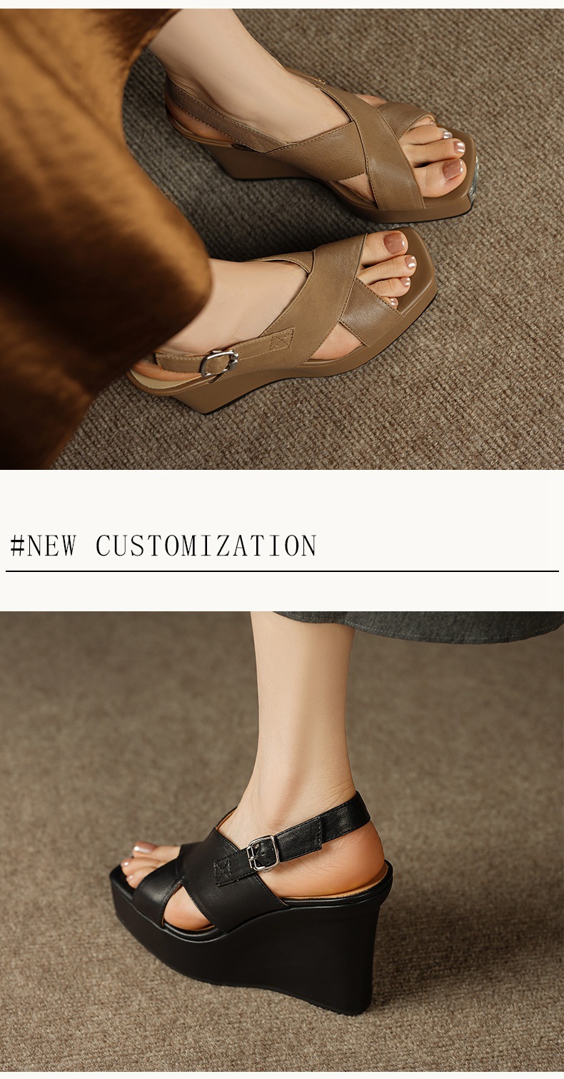 Sandal cao gót nữ hở mũi da cừu đế dày 10 cm, phong cách hiện đại — đen chi tiết 2