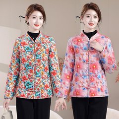 秋冬新款加绒加厚妈妈棉衣碎花保暖洋气显瘦中国风棉袄女装外套女