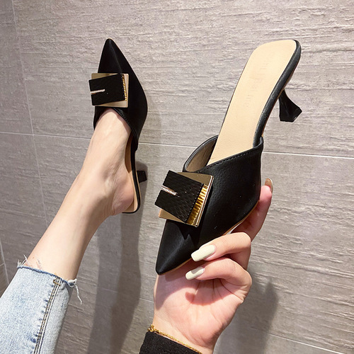 Back empty toe slippers 2024 new style pointed toe stiletto high heel half slippers for women to wear fashionable temperament sandals