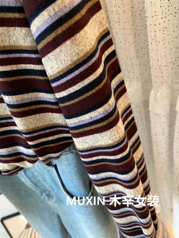 特大码240斤复古拼色秋女宽细条纹柔软圆领长袖百搭时尚显瘦T恤衫|undefined
