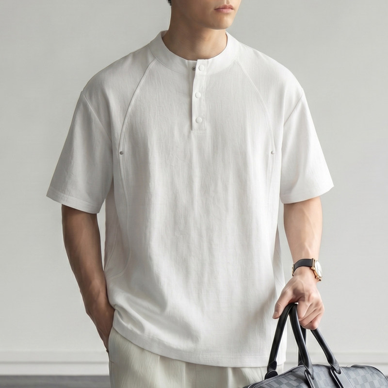 Xiyue Summer Cool Henry Collar Polo Shirt Short-Sleeved T-Shirt Men's Loose Large Size Old Money Style Linen Casual Top