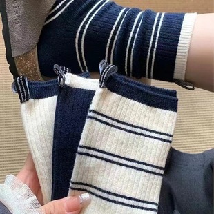 Sports Socks Women's Mid-length Socks Spring and Autumn Pure Cotton Ins Trendy Korean-style Japanese-style Heel Cloth Label Striped Autumn Stockings