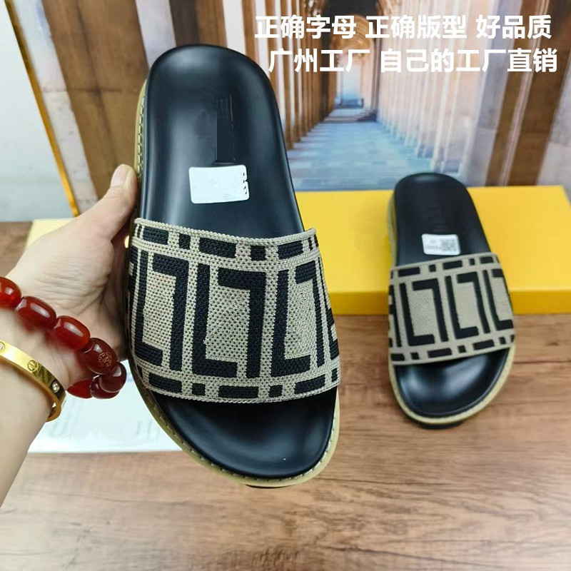 42 43 Large Size Women's Slippers Summer New Style Fd Letter Monogram Stretch Denim Flat Sandals One-Piece Wholesale