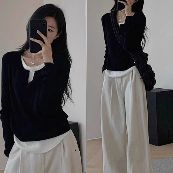 Plus Size Black Fake Two-Piece Long-Sleeved T-Shirt for Women Autum Korean Style Asymmetrical Splicing Slimming Look Bottoming Shirt Top