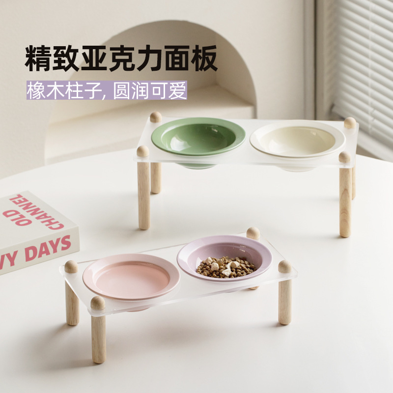 Cuenco de cerámica coreana para gatos, cuenco para mascotas, cuenco para sombreros de paja, pies altos, cuenco de comida para gatos anti-volcado, cuenco de agua para la columna cervical, cuenco doble, cuenco para perros