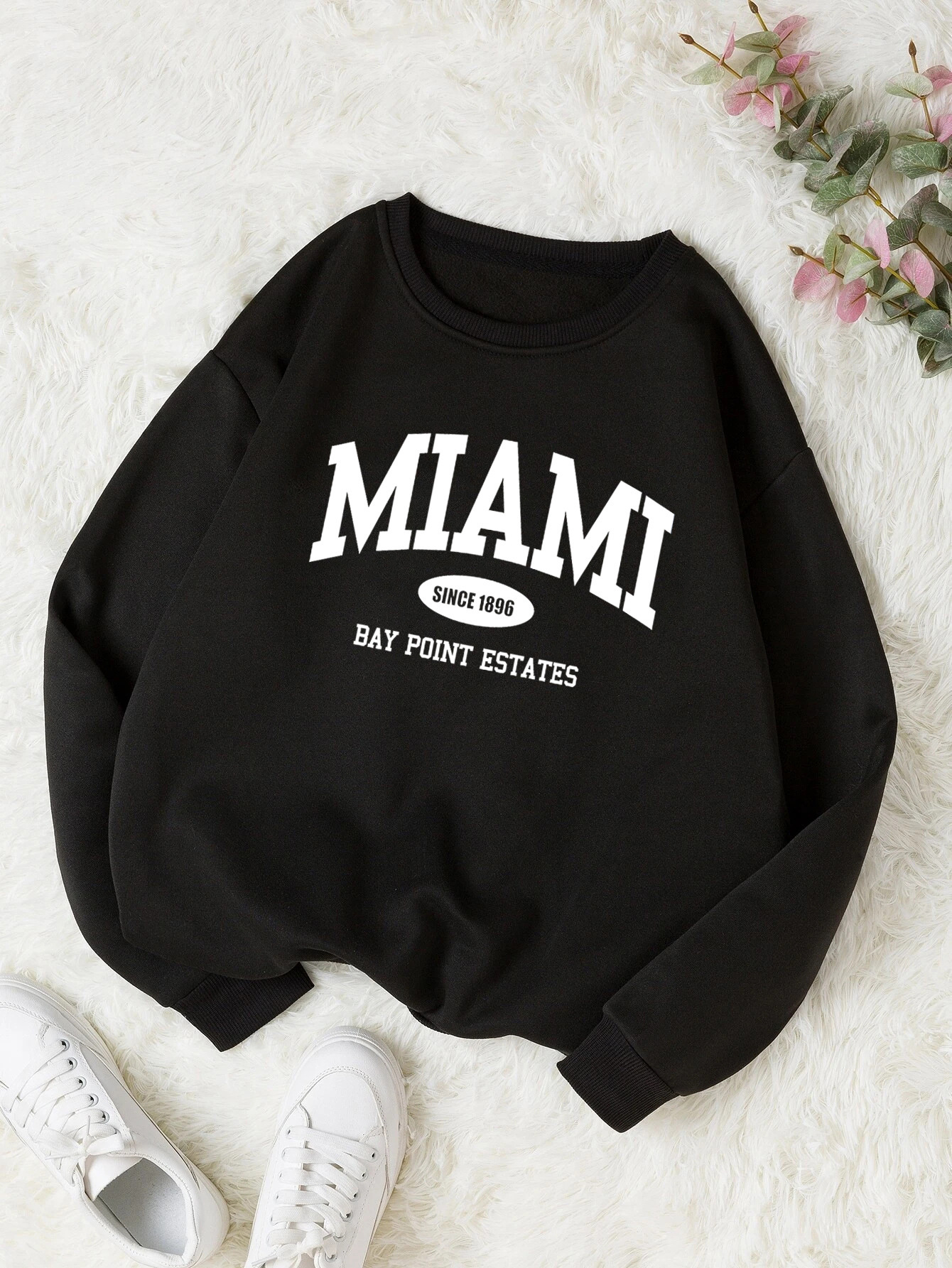 Women's Print Thermal Lined Crew Neck Loose Pullover Long Sl