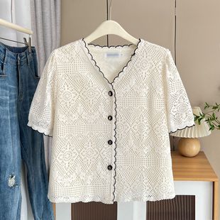 200 Jin chubby girl plus size Women's Summer New All-match Fashion Elegant V-neck Lace Chanel Style Lace Short Sleeve 4020