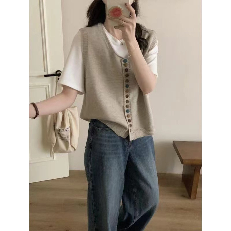 Retro arcoíris botón de cuello redondo chaleco de punto para mujeres 2025 otoño y invierno nuevo plegado para vestir una camisa universal para mujeres image 4