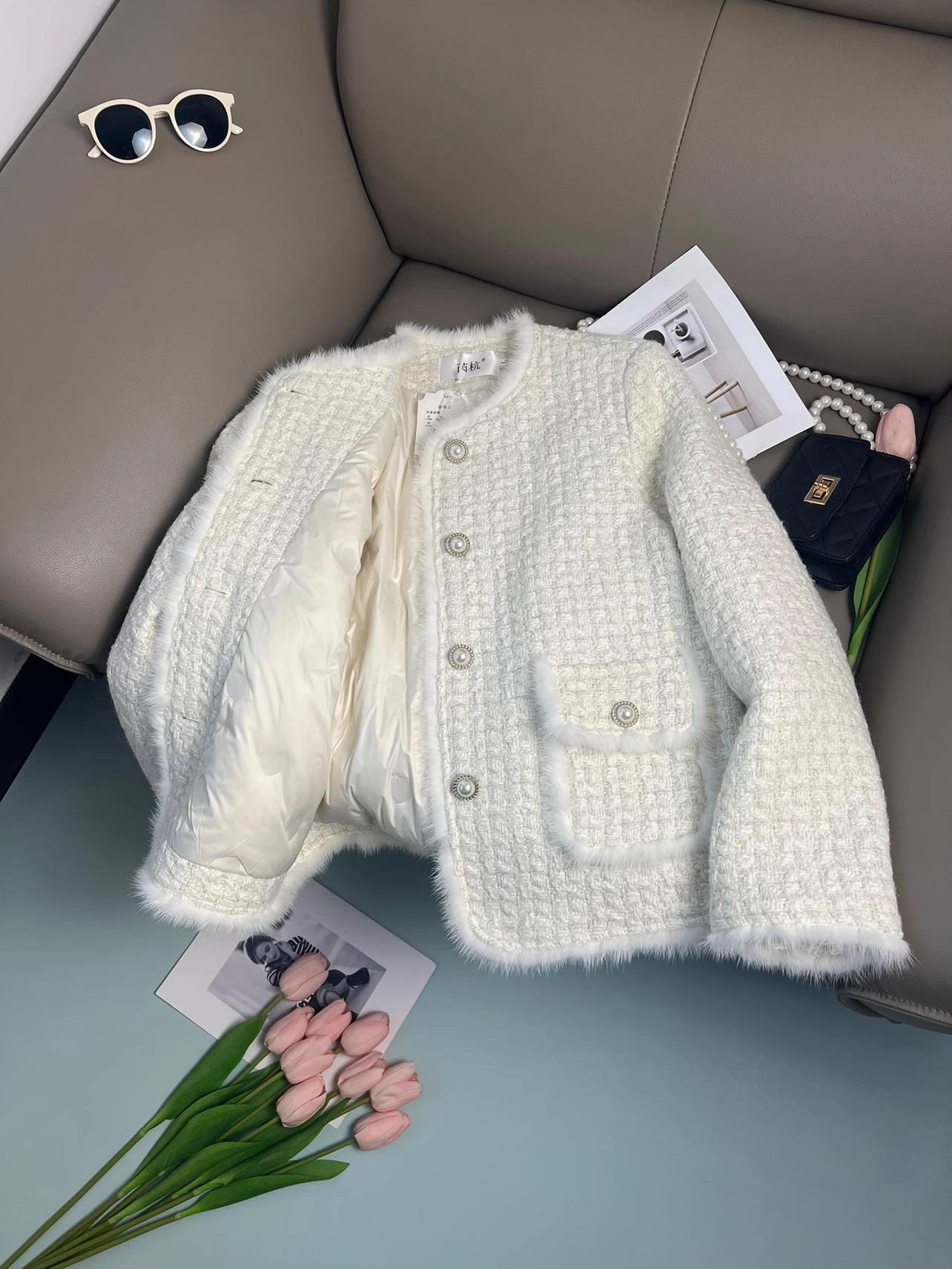 Mink Fur Small Fragrance down Jacket for Women Winter 2025 New Fashion French Gold Thread Thick Tweed Woolen Jacket