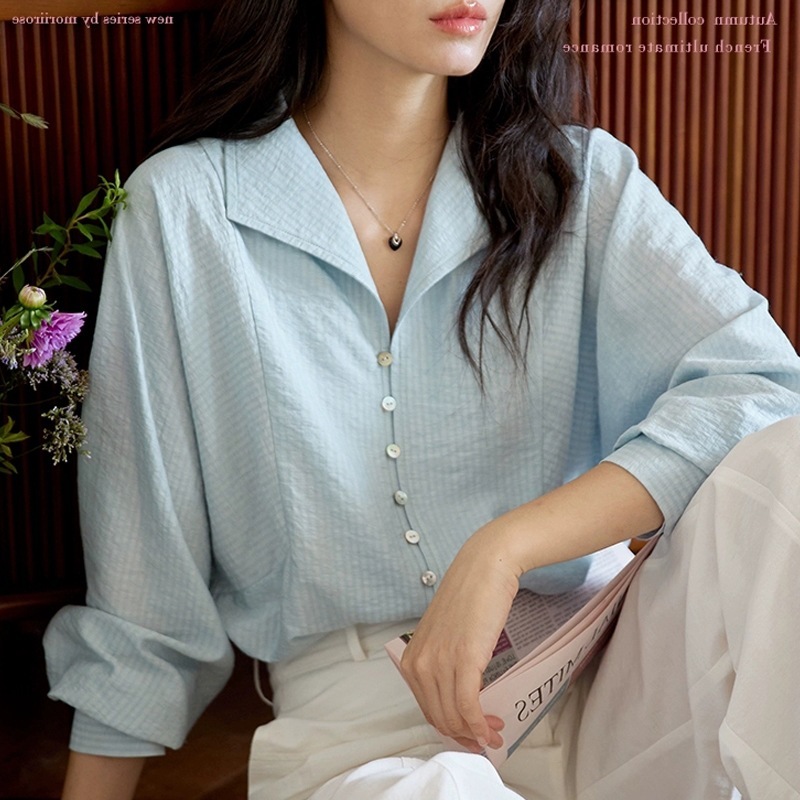 Morirse 蓝绿条纹翻领排扣长袖衬衫女秋季法式复古气质通勤上衣|undefined