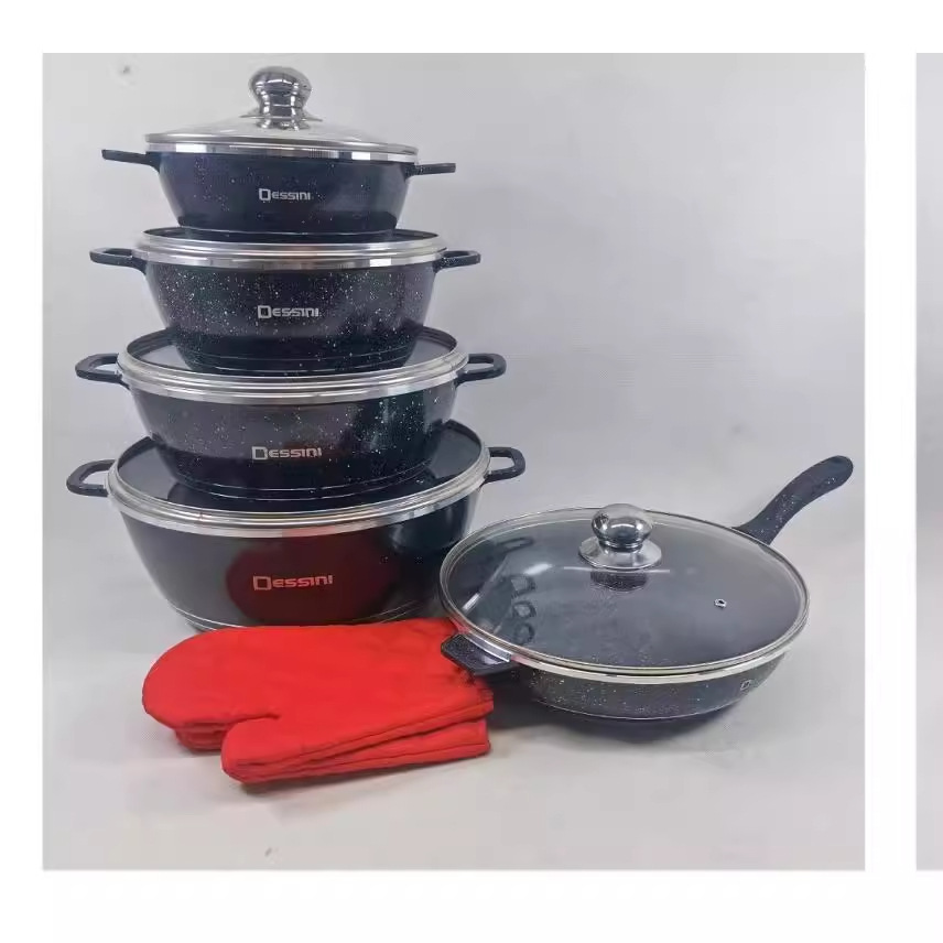 Olla antiadherente de aluminio Olla de sopa de arroz de trigo Olla de fundición a presión con tapa de vidrio coreana multifuncional Juego de ollas de cocina de 12 piezas