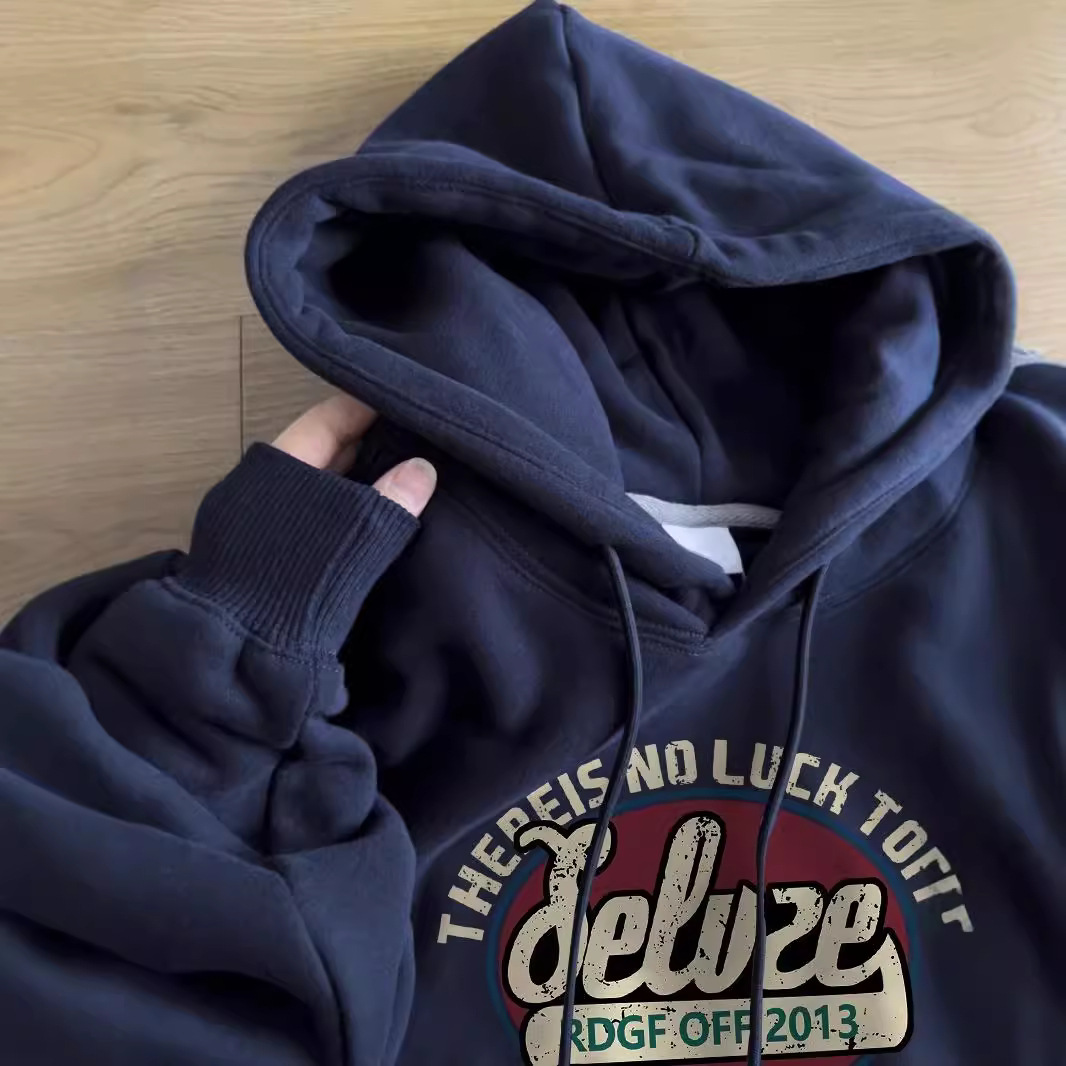 Fashion Early Autumn Winter Thin Navy Blue Hooded Sweatshirt For Women With Printed Letters Loose Casual Pullover Top_voghion.com