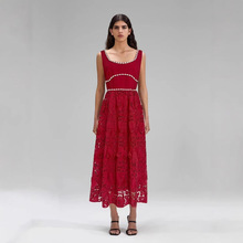 红色蕾丝连衣裙2025夏季欧美高端奢华重工钉珠拼接吊带晚礼服长裙