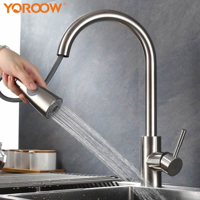 Foreign Trade Turkish Kitchen Sink Faucet with Pull-Down Sprayer Single Handle Brushed Pull-Out 304 Stainless Steel