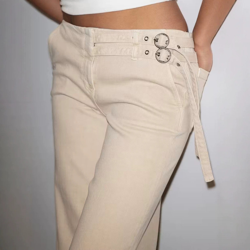 Cross-Border European and American Low-Waist Off-White Straight-Leg Jeans for Women with Double-Ring Belt Design, Wide-Leg Floor-Length Pants Wholesale