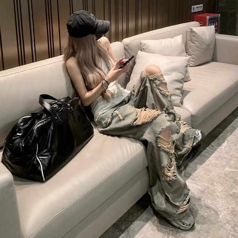American High Street Ripped Jeans for Men and Women 2025 Summer Vacation Wear New Straight Pants Loose Beggar Pants American High Street Ripped Jeans for Men and Women 2025 Summer Vacation Wear New Straight Pants Loose Beggar Pants