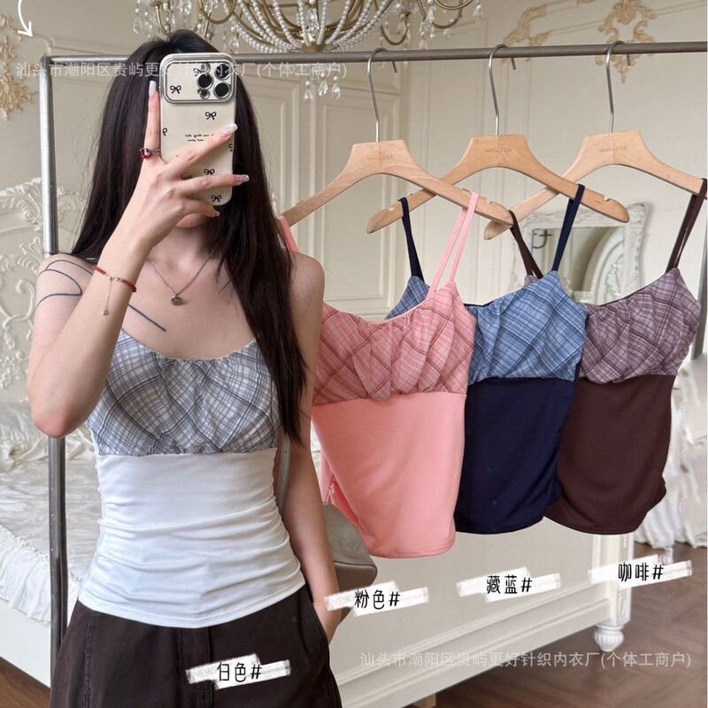 679 # Korean-style gentle and touching rayon pleated U-neck camisole with plaid pattern, thin straps, beautiful back design, built-in chest pad, slim fit 679 # Korean-style gentle and touching rayon pleated U-neck camisole with plaid pattern, thin straps, beautiful back design, built-in chest pad, slim fit