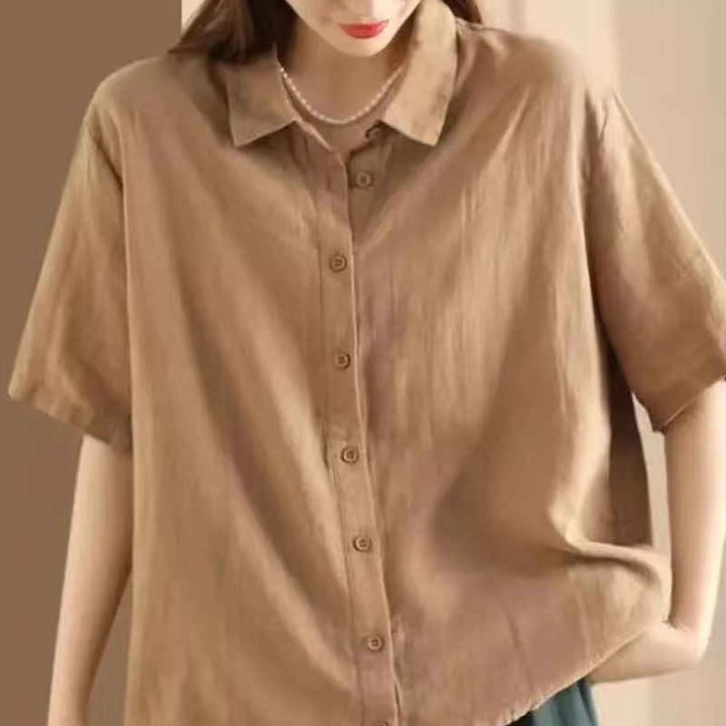 Elegant and Youthful Cotton Mid-Sleeve Shirt for Women, Summer Fashion, Simple Solid Color Top, Loose Artistic Retro Collared Shirt
