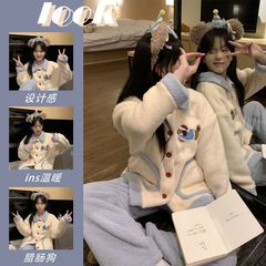 2025年新作 可愛い女の子用 ダックスフント柄 コーラルフリース パジャマ レディース 秋冬 厚手 裏起毛 ルームウェアセット