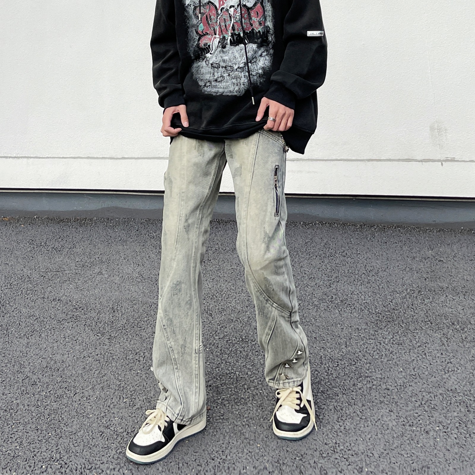 High Street American retro barro amarillo lavado jeans de los hombres flojos rectos hiphop diseño sentido Ruan guapo pantalones moda