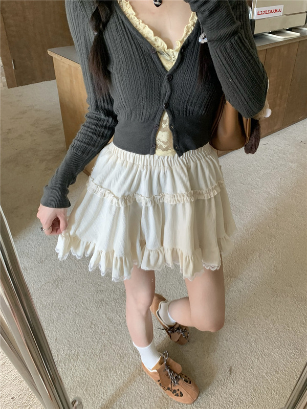 蕾丝花边丝绒蛋糕短裙女秋冬木耳边松紧腰蓬蓬裙芭蕾风甜美半身裙|undefined