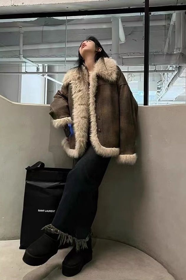 Maillard Loose Fur Washed Fur All-In-One Motorcycle Jacket Women's Autumn and Winter down Cotton