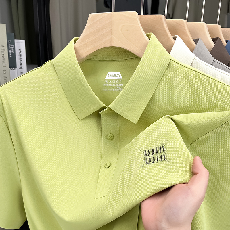 Off-site Live Broadcast Ice Silk Short-sleeved Polo Shirt Men's Summer high quality Full Traceless Brocade Spandex Cool Lapel T-shirt