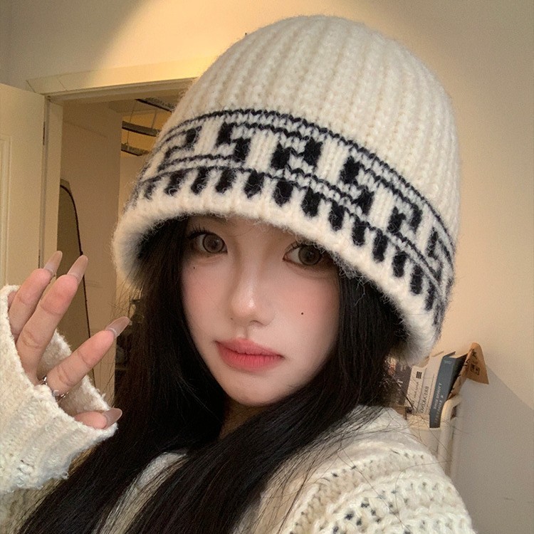 Retro Jacquard de punto sombrero pescador mujer otoño invierno 2026 amplio alrededor de la cabeza muestra la cara pequeña sombrero de lana cálida image 3
